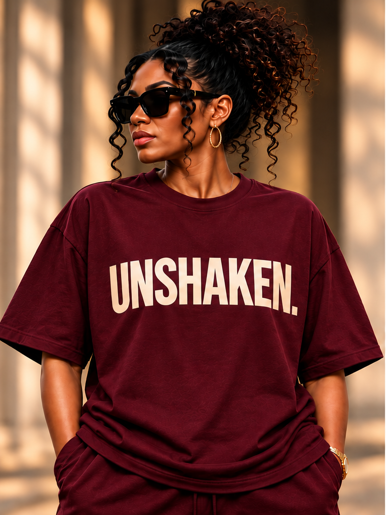 UNSHAKEN T-shirt approved front model photograph