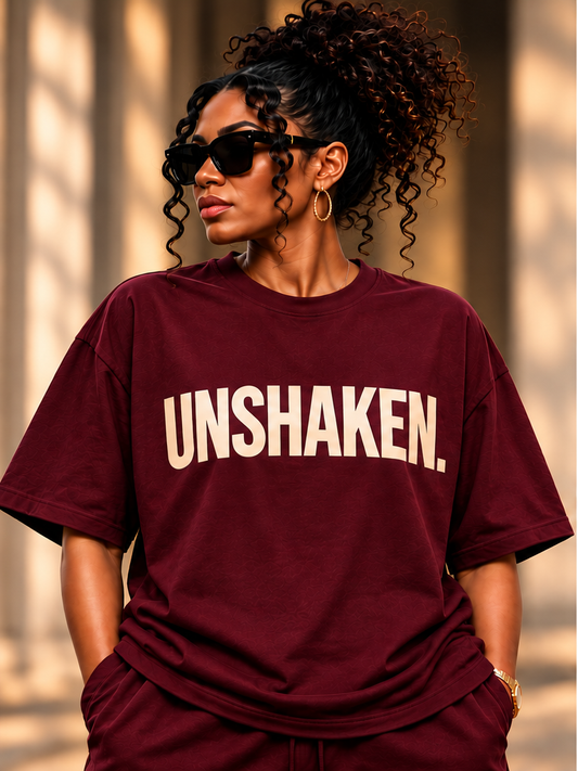 UNSHAKEN T-shirt approved front model photograph